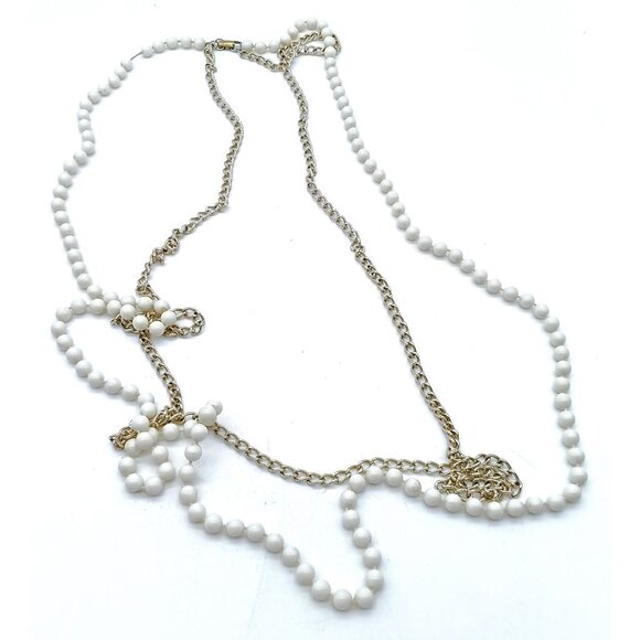 Vintage Double Strand Flapper Necklace, Hong Kong Basic White Beads and Gold - Picture 3 of 4